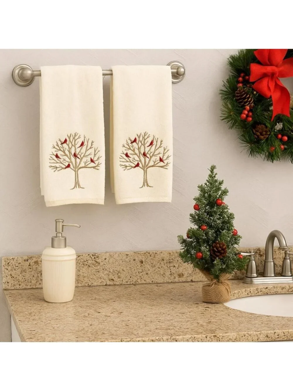 Embroidered Cardinal Hand Towels Set of 2 - Fall Tree Design, 100% Cotton, Ivory